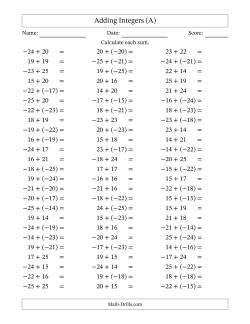 Adding Mixed Integers from -25 to 25 (75 Questions)