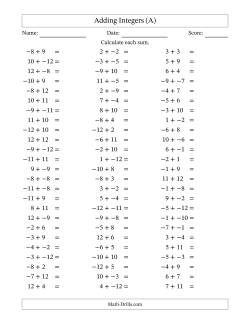 Adding Mixed Integers from -12 to 12 (75 Questions; No Parentheses)