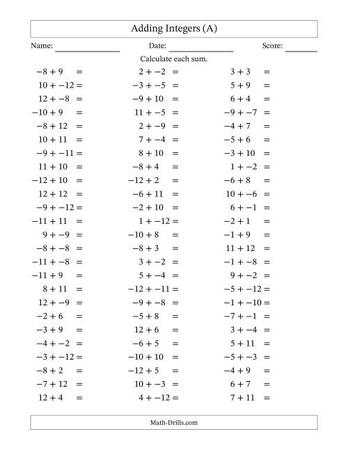 The Adding Mixed Integers from -12 to 12 (75 Questions; No Parentheses) (A) Math Worksheet
