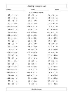 Adding Mixed Integers from -50 to 50 (75 Questions; No Parentheses)