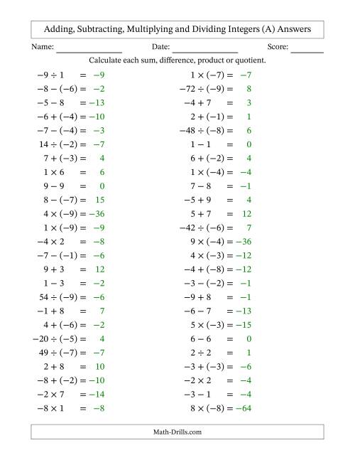 The Adding, Subtracting, Multiplying and Dividing Mixed Integers from -9 to 9 (50 Questions) (A) Math Worksheet Page 2