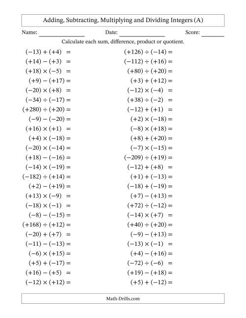 The Adding, Subtracting, Multiplying and Dividing Mixed Integers from -20 to 20 (50 Questions; All Parentheses) (A) Math Worksheet