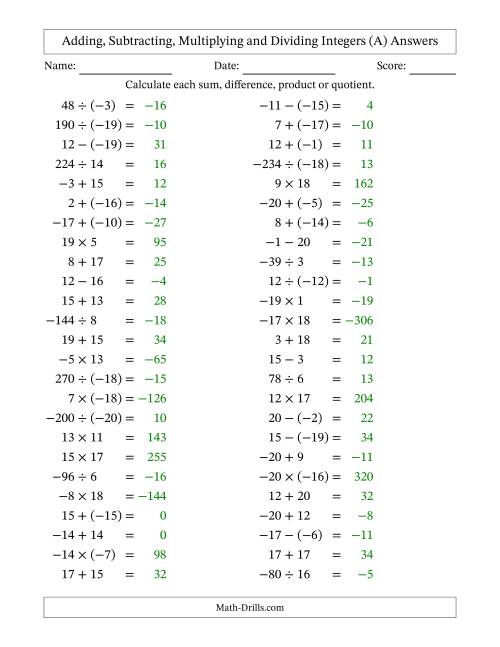 The Adding, Subtracting, Multiplying and Dividing Mixed Integers from -20 to 20 (50 Questions) (A) Math Worksheet Page 2