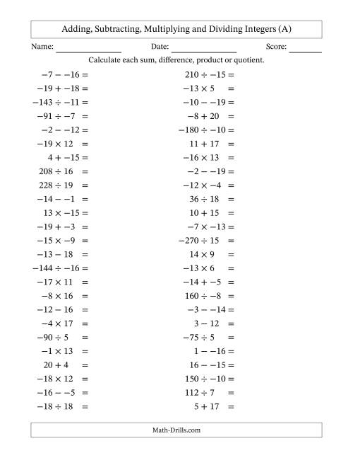The Adding, Subtracting, Multiplying and Dividing Mixed Integers from -20 to 20 (50 Questions; No Parentheses) (A) Math Worksheet