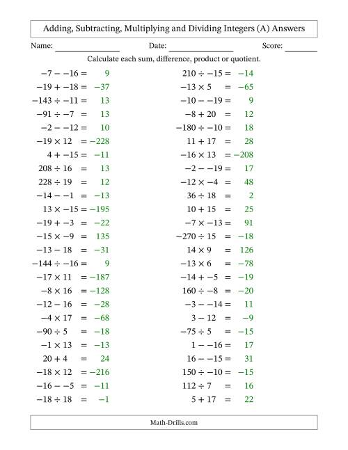 The Adding, Subtracting, Multiplying and Dividing Mixed Integers from -20 to 20 (50 Questions; No Parentheses) (A) Math Worksheet Page 2