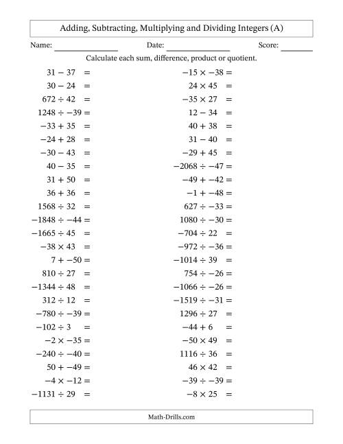 The Adding, Subtracting, Multiplying and Dividing Mixed Integers from -50 to 50 (50 Questions; No Parentheses) (A) Math Worksheet