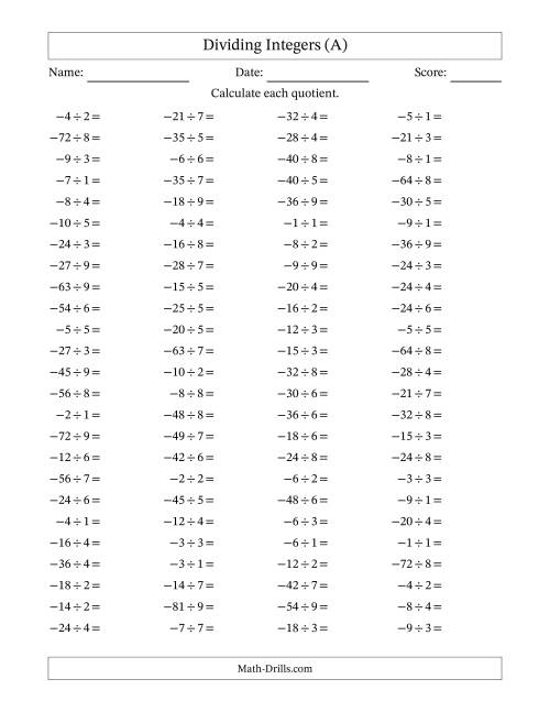 The Dividing Negative by Positive Integers from -9 to 9 (100 Questions) (A) Math Worksheet