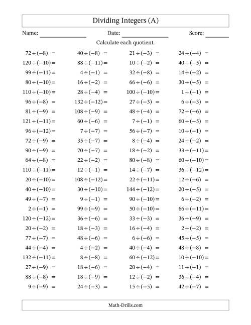 The Dividing Positive by Negative Integers from -12 to 12 (100 Questions) (A) Math Worksheet