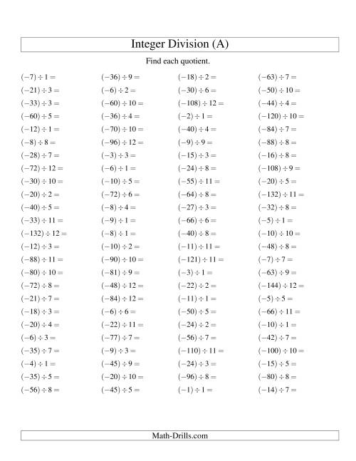 The Dividing Integers -- Negative Divided by a Positive (A) Math Worksheet