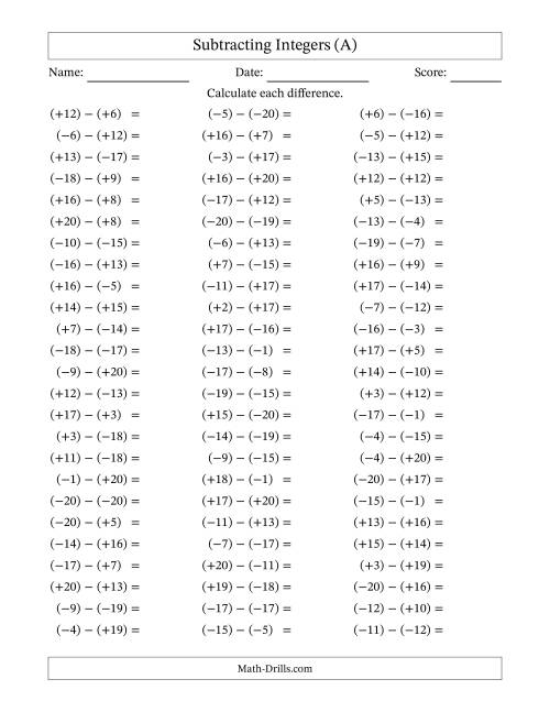 The Subtracting Mixed Integers from -20 to 20 (75 Questions; All Parentheses) (A) Math Worksheet