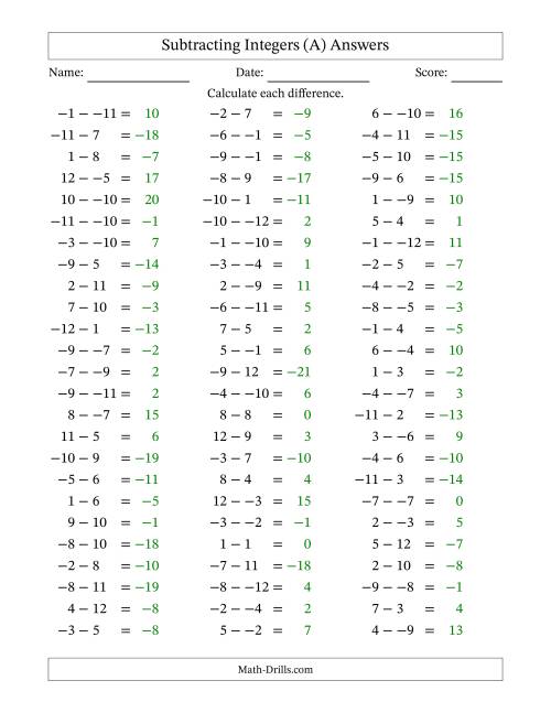 The Subtracting Mixed Integers from -12 to 12 (75 Questions; No Parentheses) (A) Math Worksheet Page 2