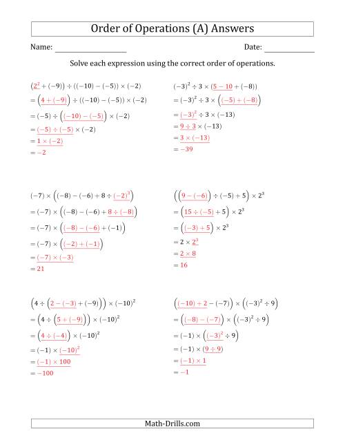 The Order of Operations with Negative and Positive Integers (Five Steps) (A) Math Worksheet Page 2