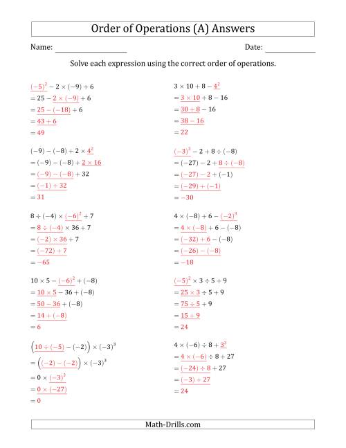 The Order of Operations with Negative and Positive Integers (Four Steps) (A) Math Worksheet Page 2