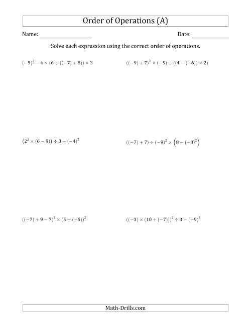 The Order of Operations with Negative and Positive Integers (Six Steps) (A) Math Worksheet