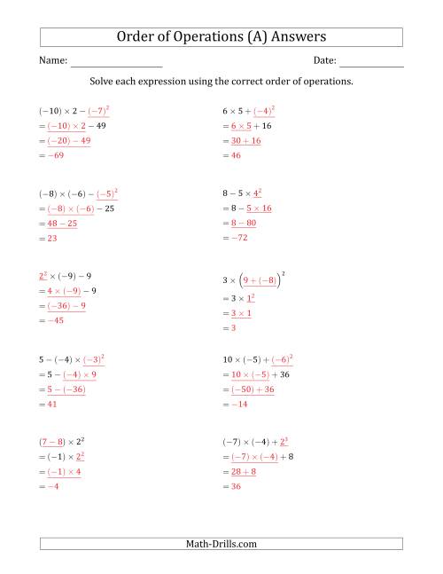 The Order of Operations with Negative and Positive Integers (Three Steps) (A) Math Worksheet Page 2