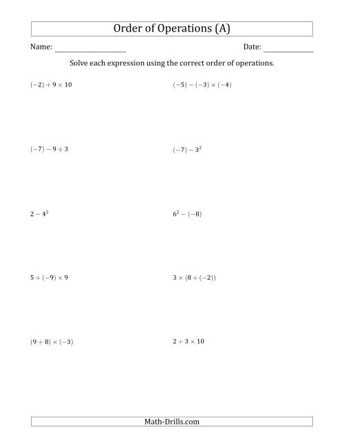 The Order of Operations with Negative and Positive Integers (Two Steps) (A) Math Worksheet