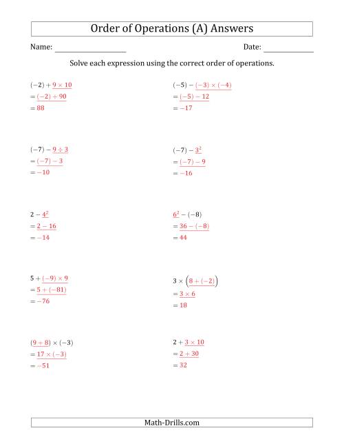 The Order of Operations with Negative and Positive Integers (Two Steps) (A) Math Worksheet Page 2