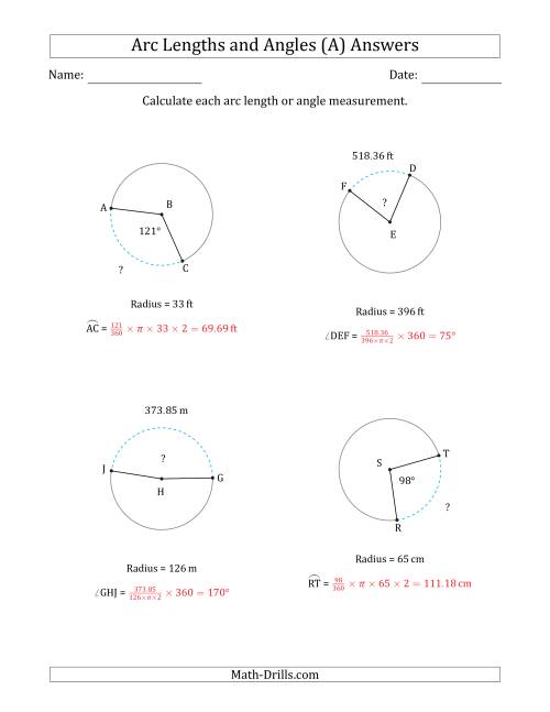 The Calculating Arc Length or Angle from Radius (A) Math Worksheet Page 2