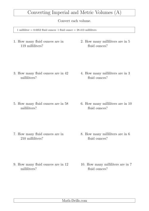 The Converting Between Milliliters and Imperial Fluid Ounces (A) Math Worksheet