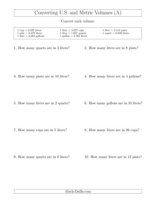 The Converting Between Liters and U.S. Cups, Pints, Quarts and Gallons (A) Math Worksheet