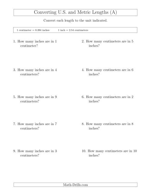 The Converting Between Centimeters and Inches (A) Math Worksheet