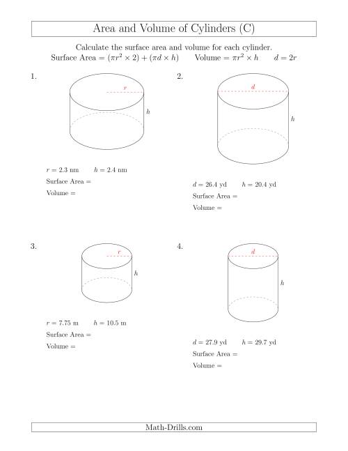 The Calculating Surface Area and Volume of Cylinders (C) Math Worksheet