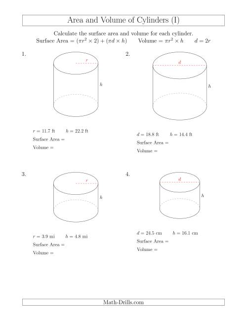 The Calculating Surface Area and Volume of Cylinders (I) Math Worksheet
