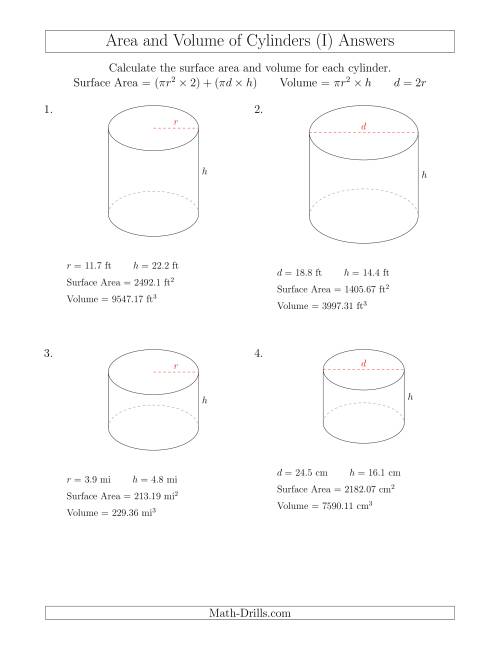 The Calculating Surface Area and Volume of Cylinders (I) Math Worksheet Page 2
