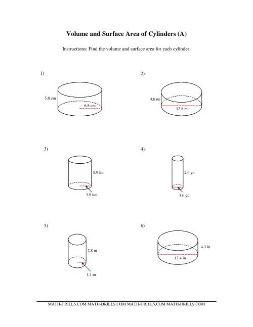 The Volume and Surface Area of Cylinders (Old) Math Worksheet