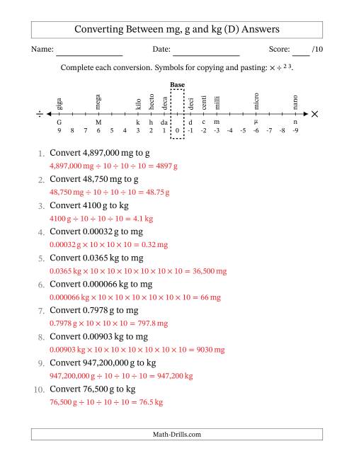 The Converting Between Milligrams, Grams and Kilograms (D) Math Worksheet Page 2