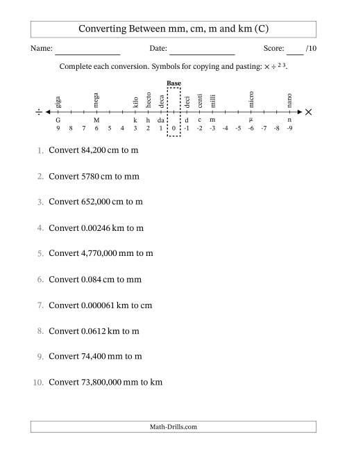 The Converting Between Millimeters, Centimeters, Meters and Kilometers (C) Math Worksheet