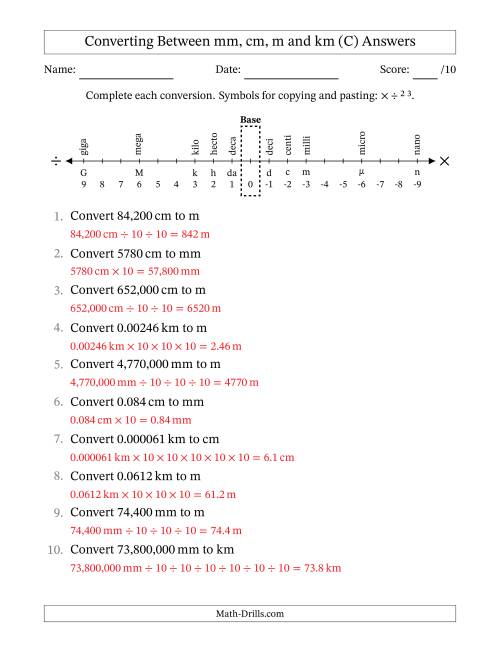 The Converting Between Millimeters, Centimeters, Meters and Kilometers (C) Math Worksheet Page 2