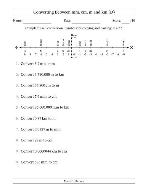 The Converting Between Millimeters, Centimeters, Meters and Kilometers (D) Math Worksheet