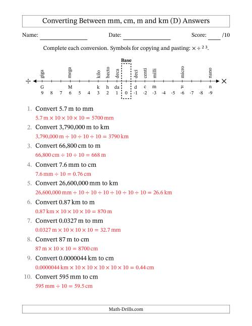 The Converting Between Millimeters, Centimeters, Meters and Kilometers (D) Math Worksheet Page 2