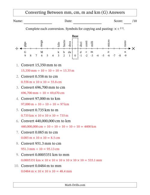 The Converting Between Millimeters, Centimeters, Meters and Kilometers (G) Math Worksheet Page 2