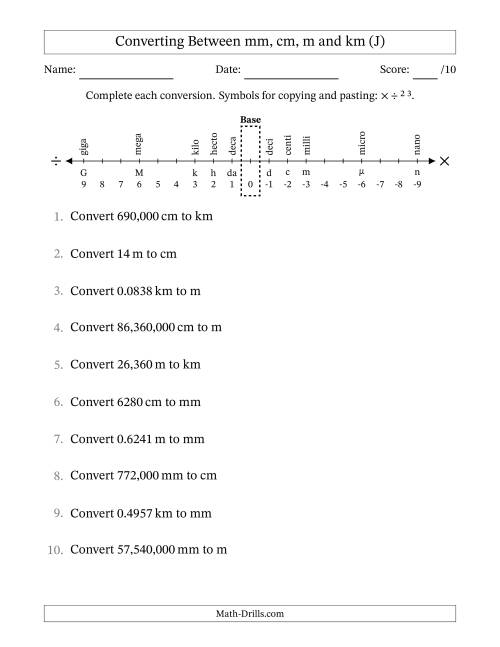 The Converting Between Millimeters, Centimeters, Meters and Kilometers (J) Math Worksheet