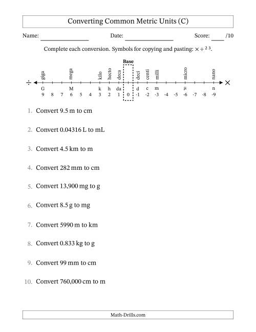 The Converting Between Common Metric Length, Mass and Volume Units (C) Math Worksheet