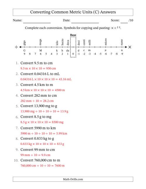 The Converting Between Common Metric Length, Mass and Volume Units (C) Math Worksheet Page 2
