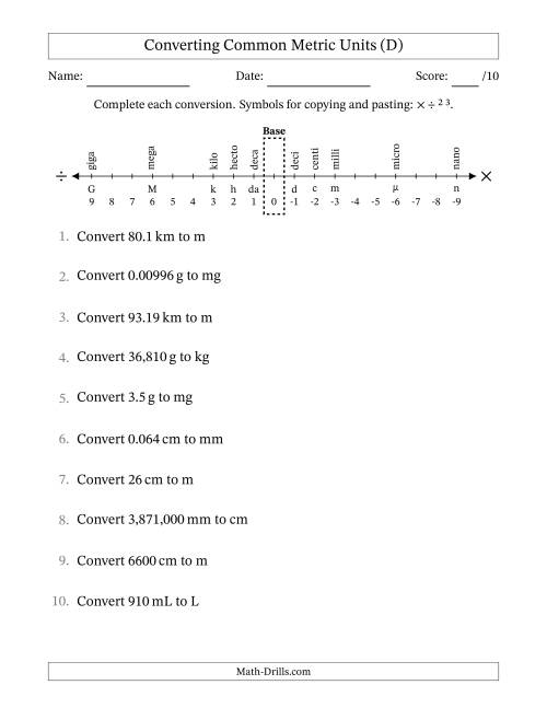 The Converting Between Common Metric Length, Mass and Volume Units (D) Math Worksheet