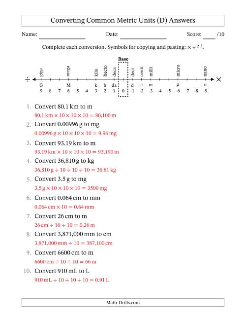 The Converting Between Common Metric Length, Mass and Volume Units (D) Math Worksheet Page 2