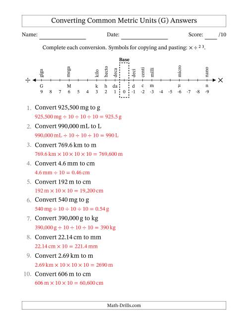 The Converting Between Common Metric Length, Mass and Volume Units (G) Math Worksheet Page 2