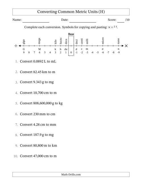 The Converting Between Common Metric Length, Mass and Volume Units (H) Math Worksheet