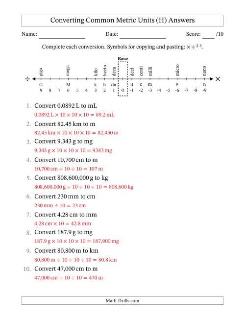 The Converting Between Common Metric Length, Mass and Volume Units (H) Math Worksheet Page 2