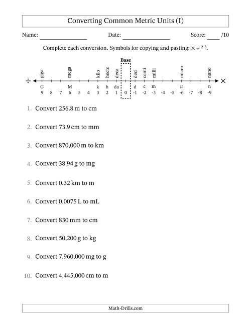 The Converting Between Common Metric Length, Mass and Volume Units (I) Math Worksheet