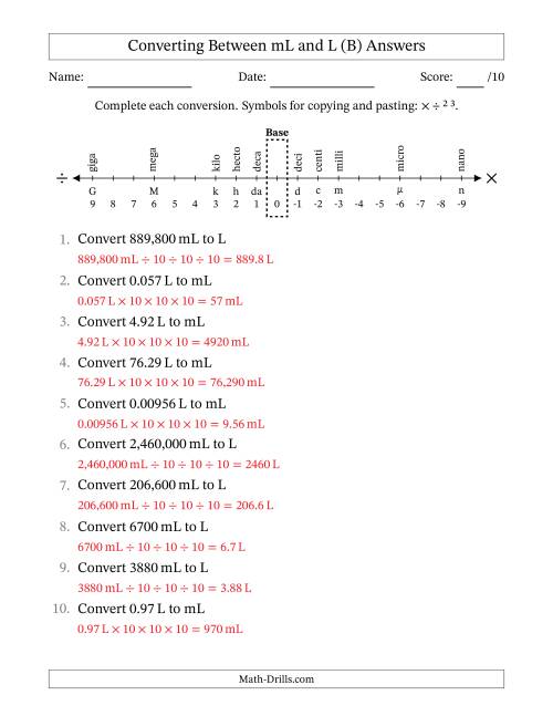 The Converting Between Milliliters and Liters (B) Math Worksheet Page 2