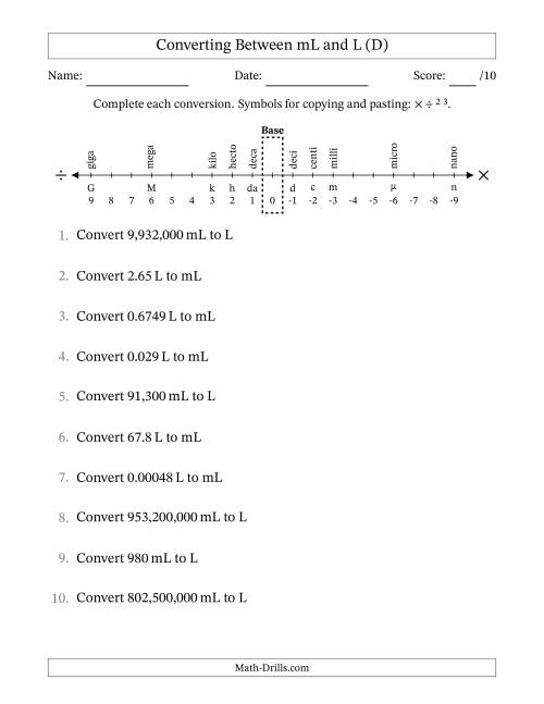 The Converting Between Milliliters and Liters (D) Math Worksheet