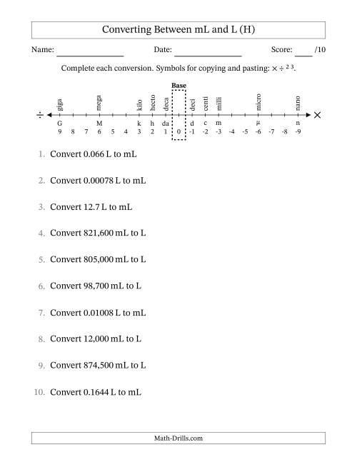 The Converting Between Milliliters and Liters (H) Math Worksheet