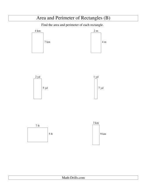 The Area and Perimeter of Rectangles (whole numbers; range 1-9) (B) Math Worksheet