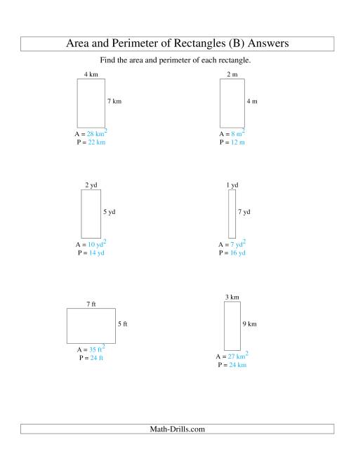 The Area and Perimeter of Rectangles (whole numbers; range 1-9) (B) Math Worksheet Page 2