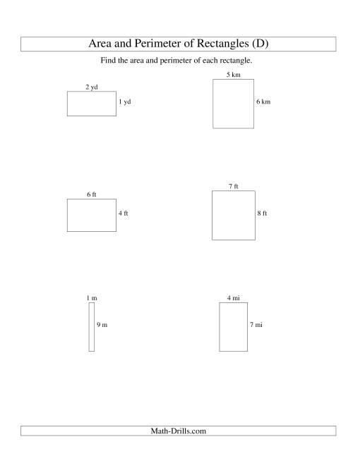 The Area and Perimeter of Rectangles (whole numbers; range 1-9) (D) Math Worksheet
